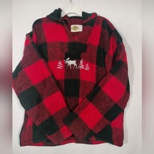 Red and Black Plaid Hoodie with Moose Design